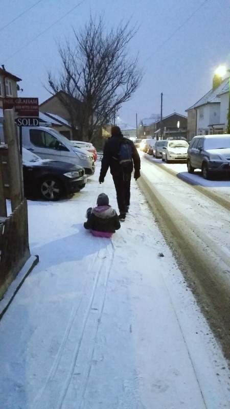sledging home again on our sledge from trespass