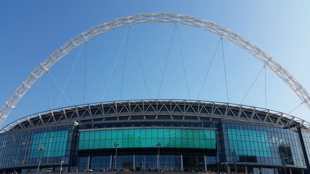 Wembley Stadium from outside, in the sun, Women's FA Cup Final 2018