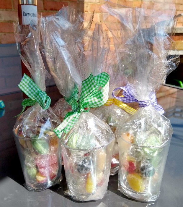 end of term gifts - glass cut glasses filled with sweets