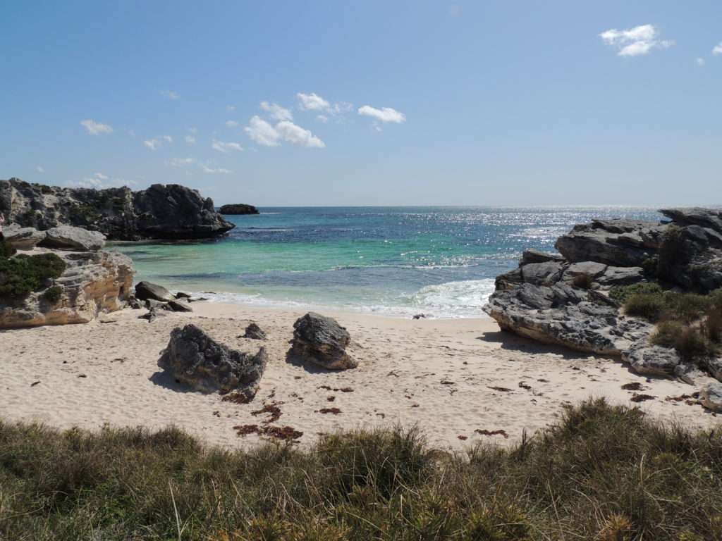 A beach at Rottnest in the sunshine. Clear blue sea and golden sands. 