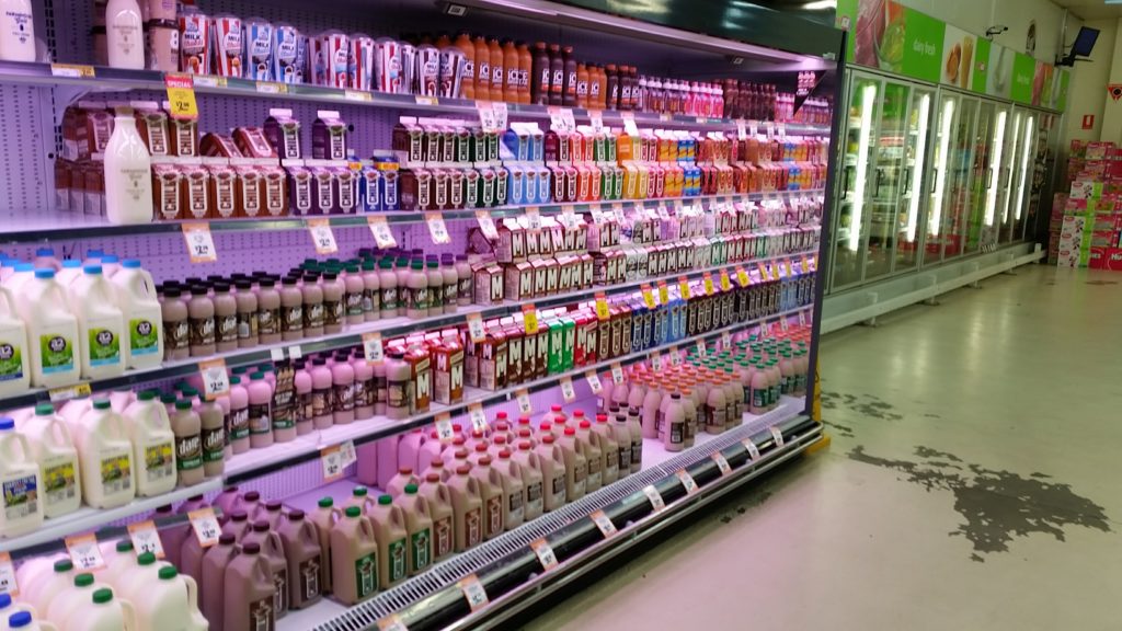 Western Australia, Perth, Toodyay chilled flavoured milk aisle within the supermarket